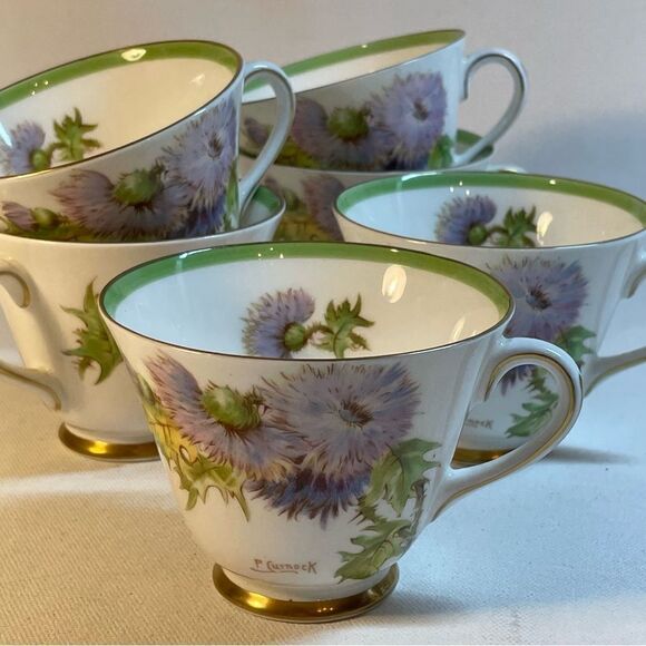 Royal Doulton bone China P. Curnock Glamis thistle teacups set of 6 - Picture 1 of 10